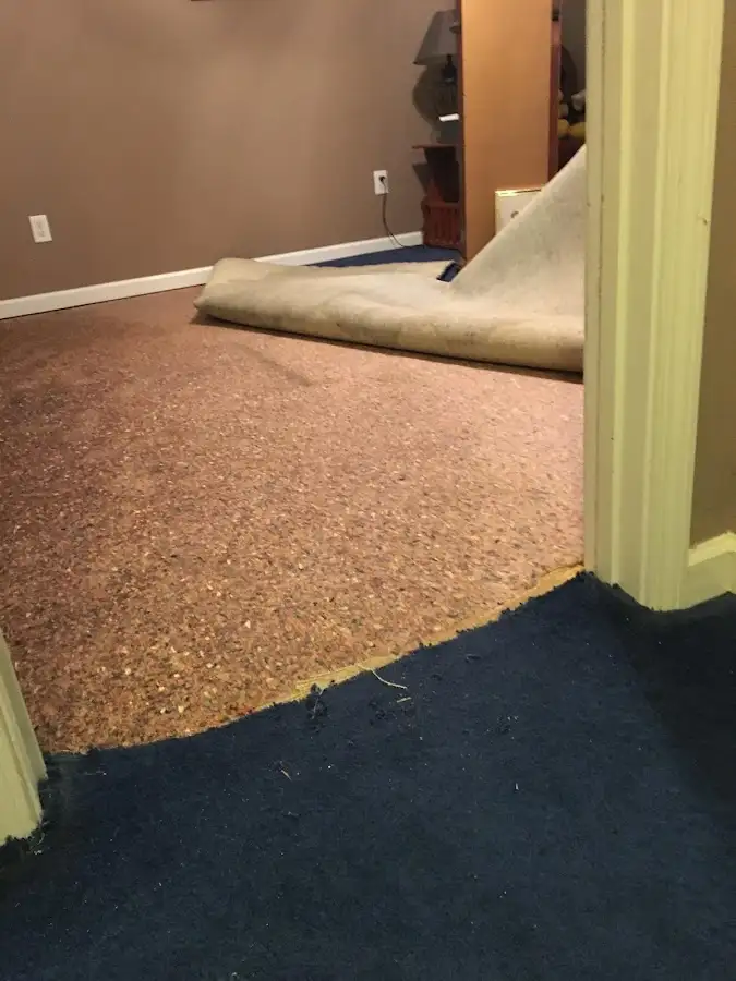 Carpet pad removal revealing water damage during Drying & Dehumidification in El Campo